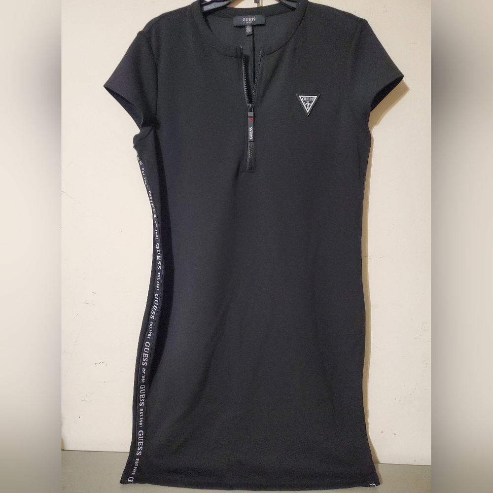 Y2K GUESS Black Logo Tape Quarter Zip Bodycon Scuba Mini Dress XL Athleisure